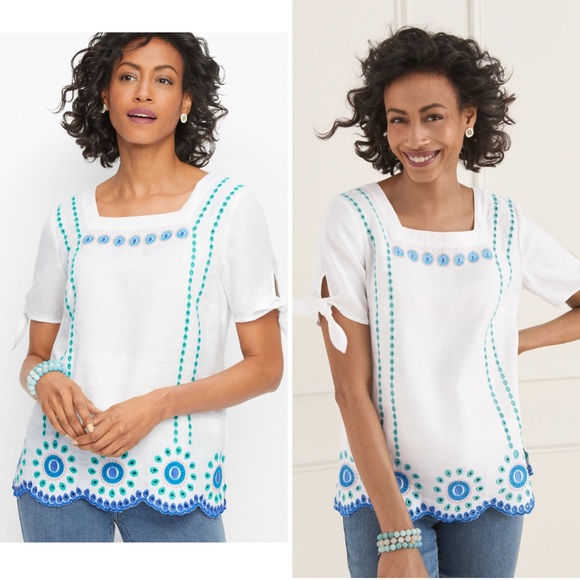 Talbots Tops - TALBOTS Linen Blend Embroidered Square Neck Top In White/Blue